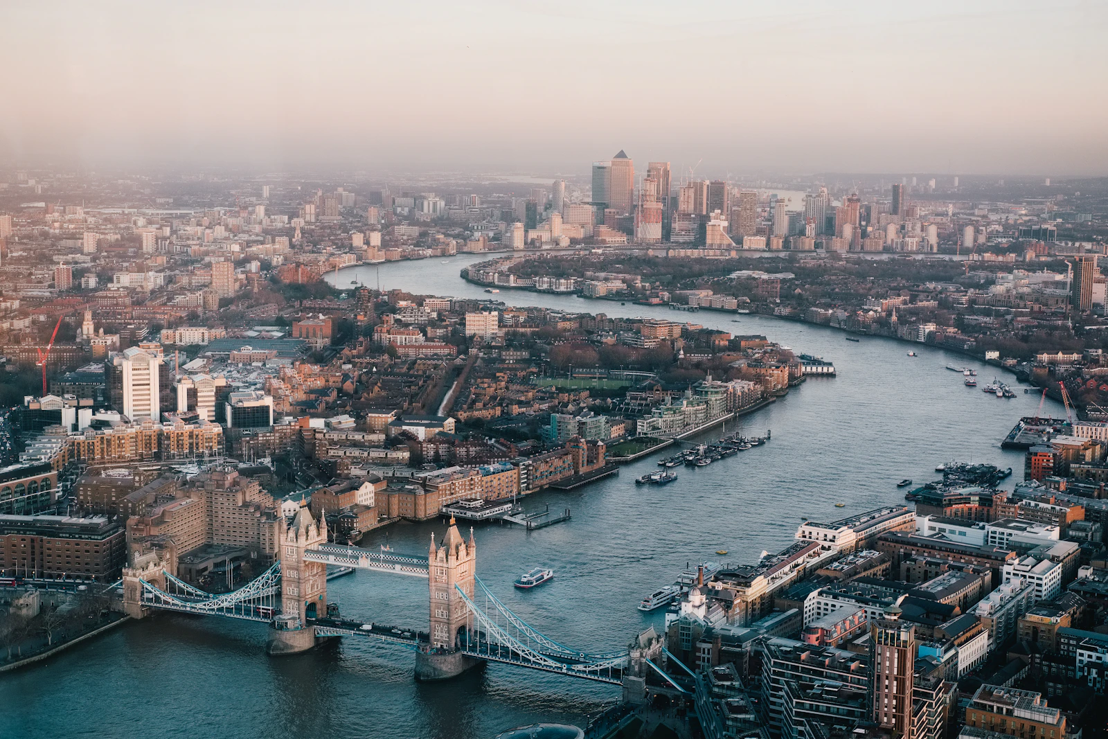 Aerial view of Tower Bridge and the River Thames in London