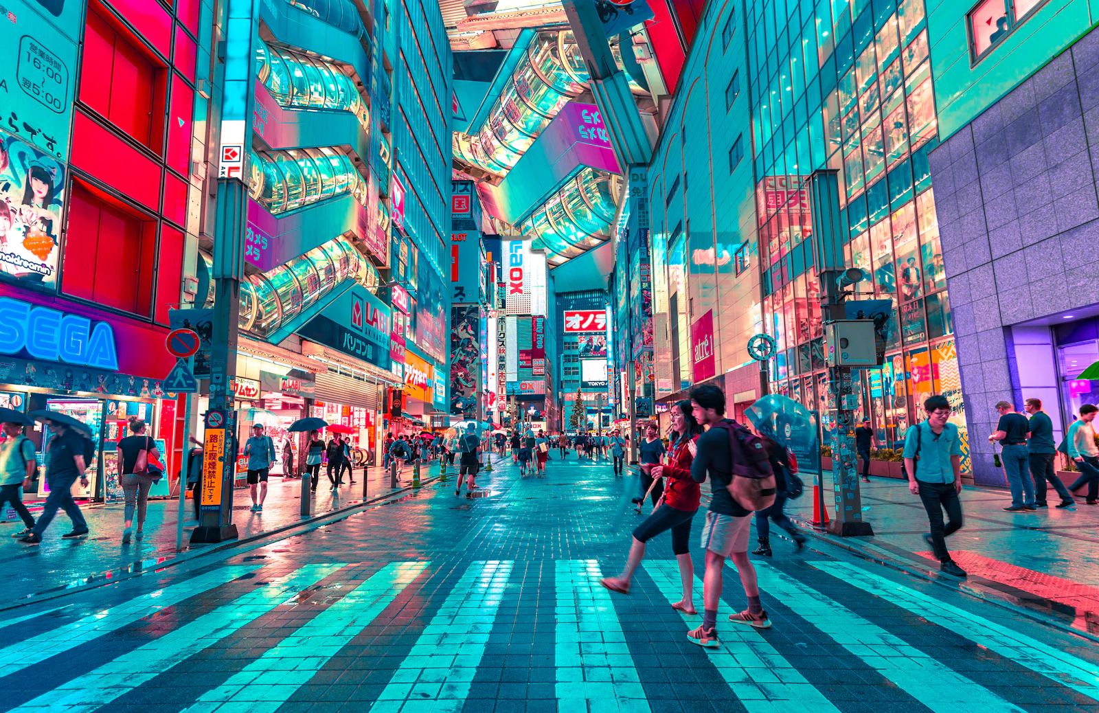 Neon-lit street in Akihabara, Tokyo