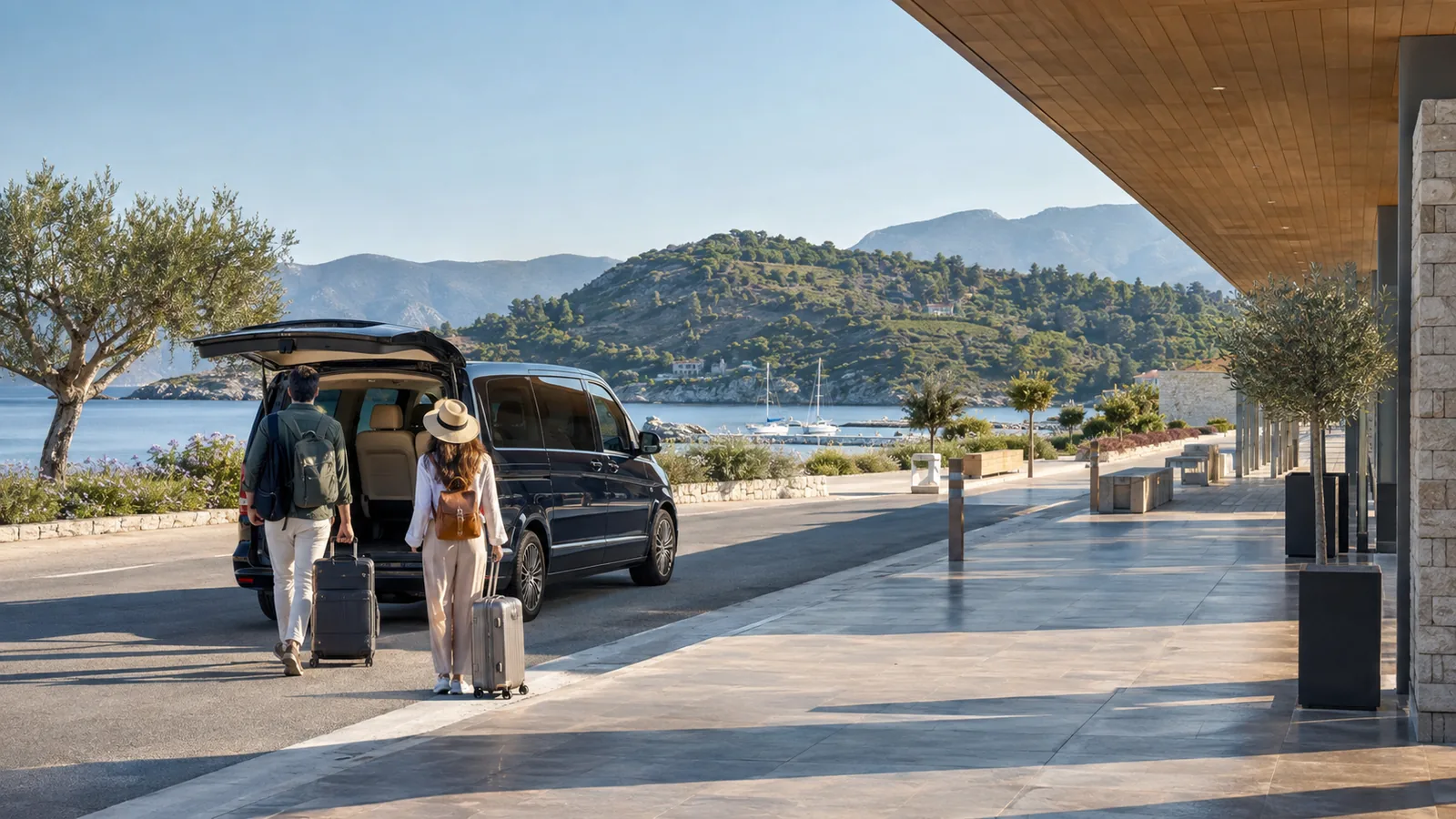 Travelers meeting an airport transfer beside a coastal terminal